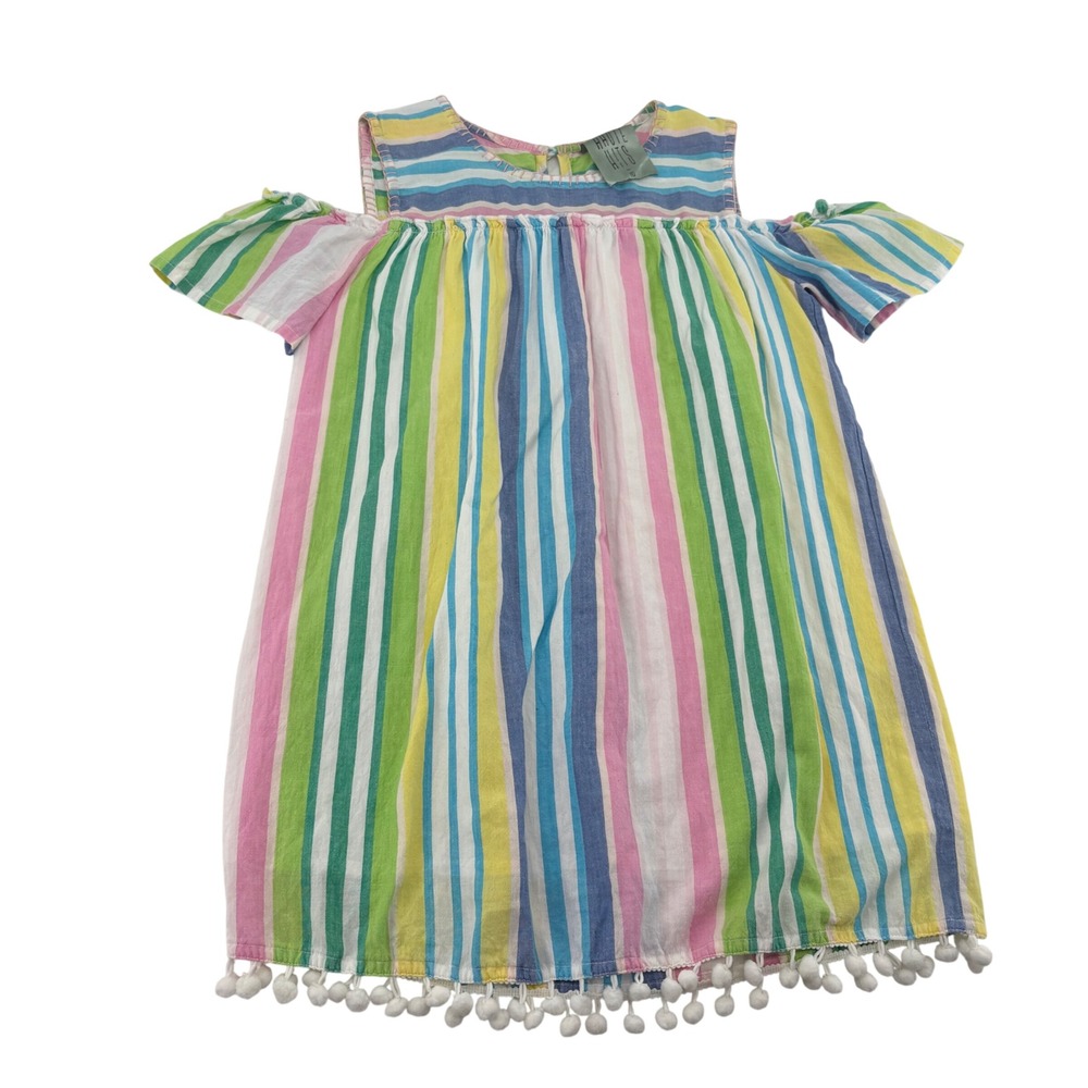 Haute Hits Girls Size 10‎ Striped Cold Shoulder Pom Pom Trim Cotton Dress Multi